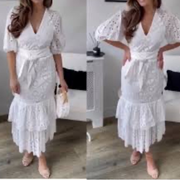 New Zara White Tiered Ruffled V-Neck Dress - Picture 4 of 15